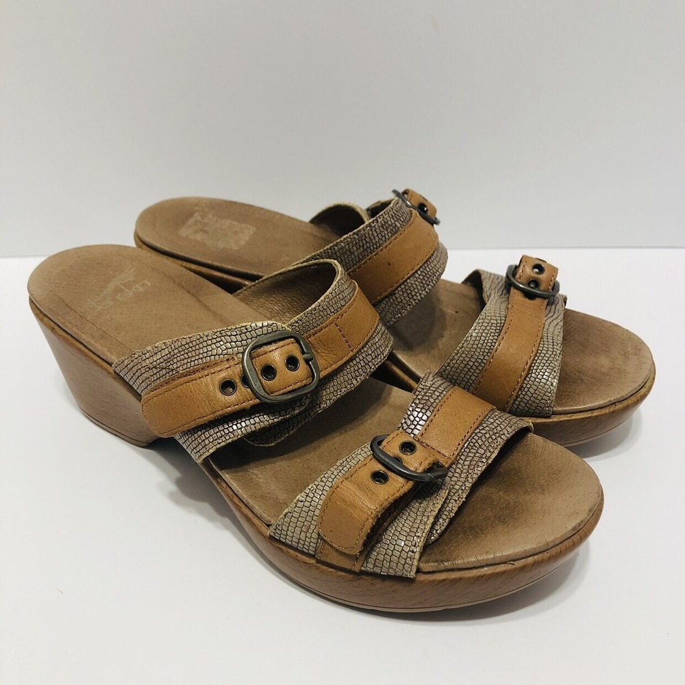 DANSKO JESSIE Womens 38/ 7.5-8 Brown Lizard Leather 2 Strap Slides Clog Sandals